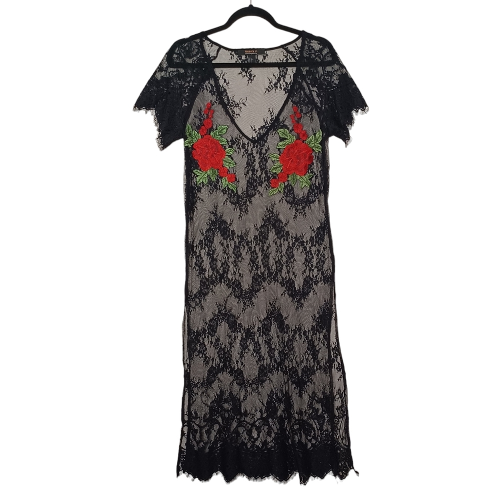 FOREVER 21 CONTEMPORARY Red Rose Floral Patch Print Black Lace Maxi Dress L